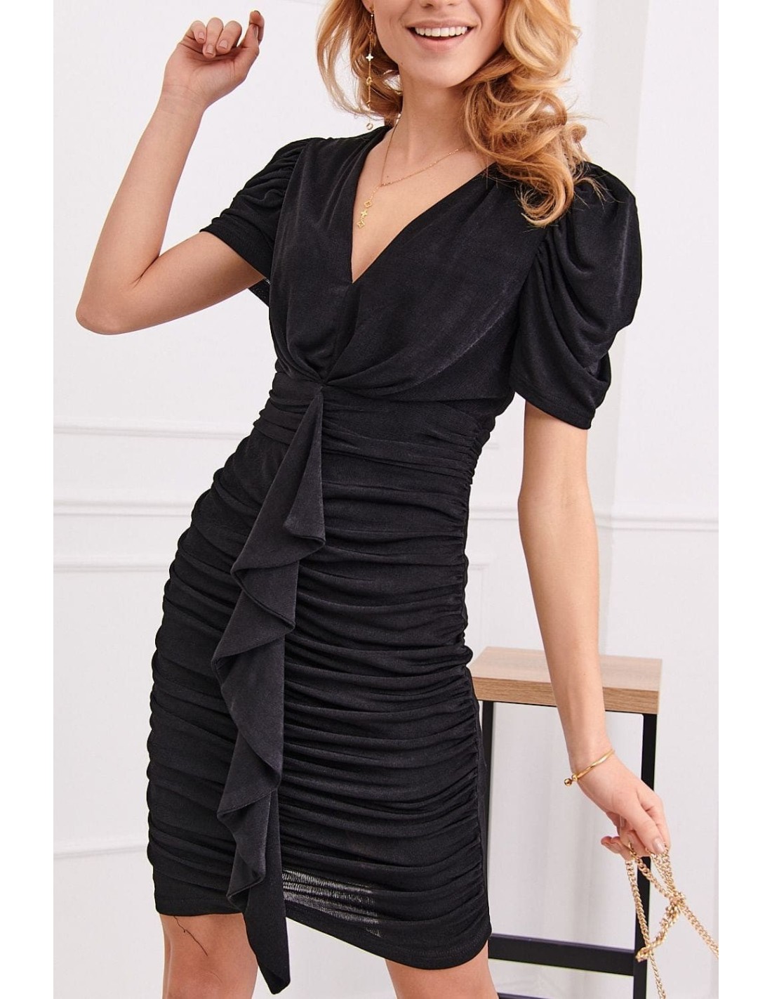 Fitted dress with draping, black 5343 - Online store - Boutique